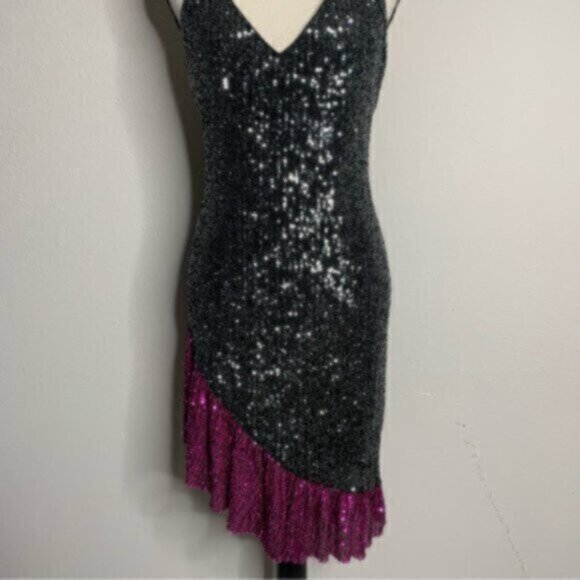 NWT One33 Social Black & Purple Sequin Colorblock Backless Halter Dress - Picture 8 of 15